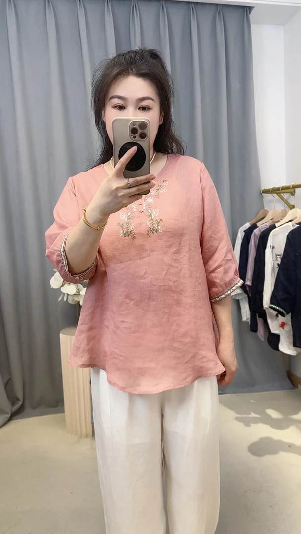 2025夏季苎麻薄款刺绣清新文艺小衫宽松气质水滴领上衣