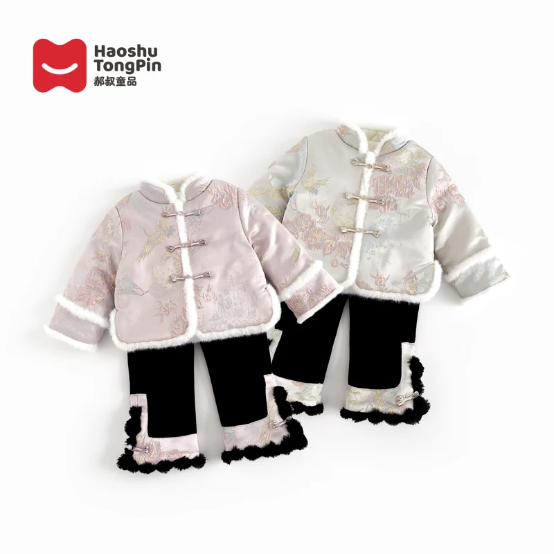 郝叔童品SD3443女童加绒长袖套装儿童中国风拜年服宝宝过年喜庆