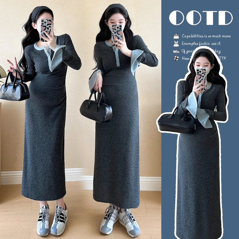 【嗒嗒】孕妇连衣裙2025新款春款法式时尚拼接修身弹力洋气长款裙子