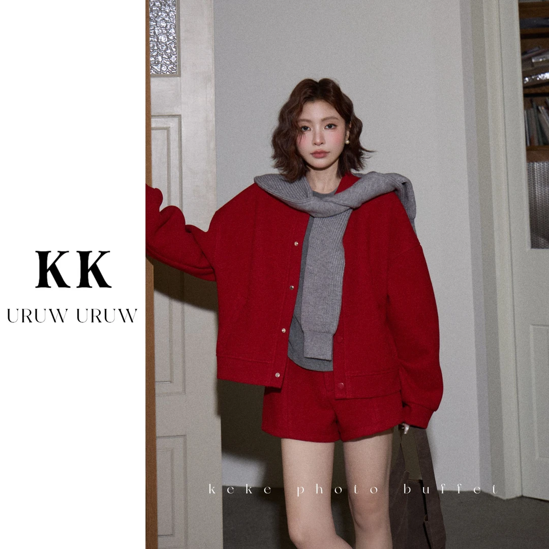 柯柯【浓郁复古】羊毛混纺复古松弛感加绒呢子外套短裤套装KN487