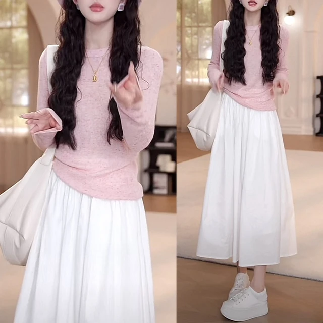 早春百搭彩点花纱针织长袖显瘦松紧腰头小褶皱气质高腰半身裙套装