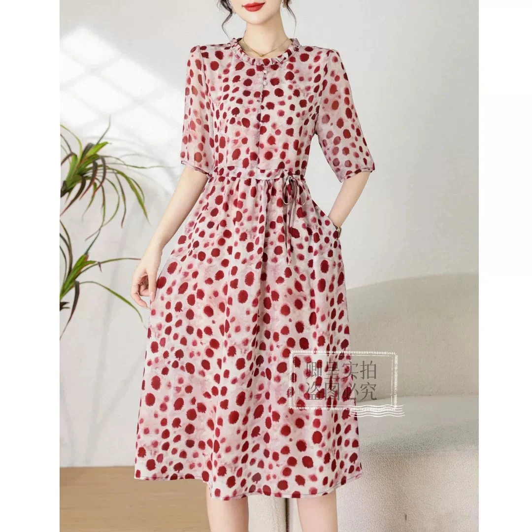 【小老弟2店】玫红色波点高定气质小波点连衣裙时尚优雅修身裙