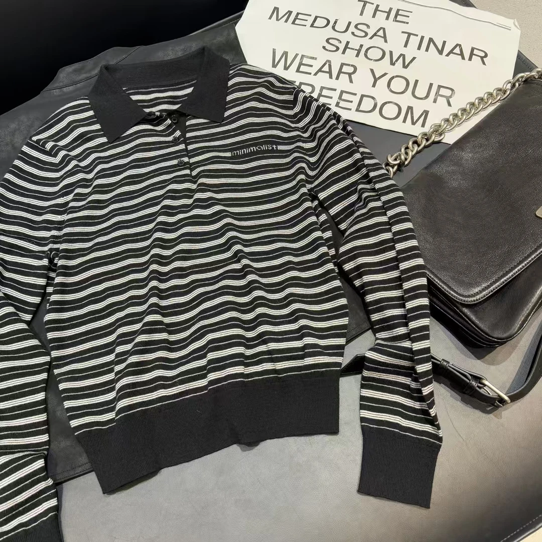 【古崎】新款宽松复古拼色条纹长袖针织衫休闲毛衣#243231