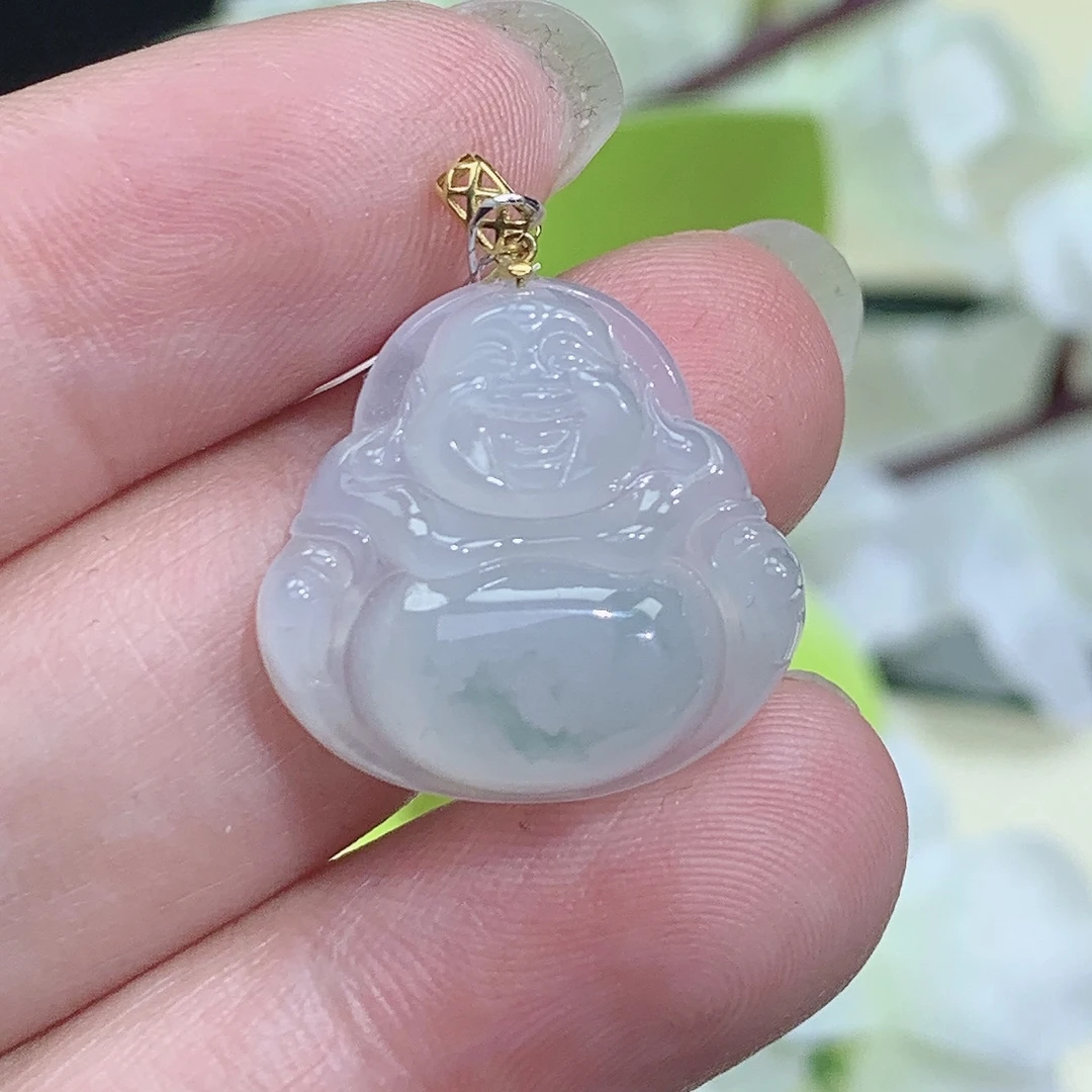 3.42g 冰胶感 飘绿佛公吊坠 18k金扣头翡翠玉石