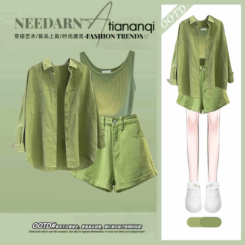 秋季穿搭一整套女2025新款欧若风时尚衬衫吊带高腰显瘦短裤三件套