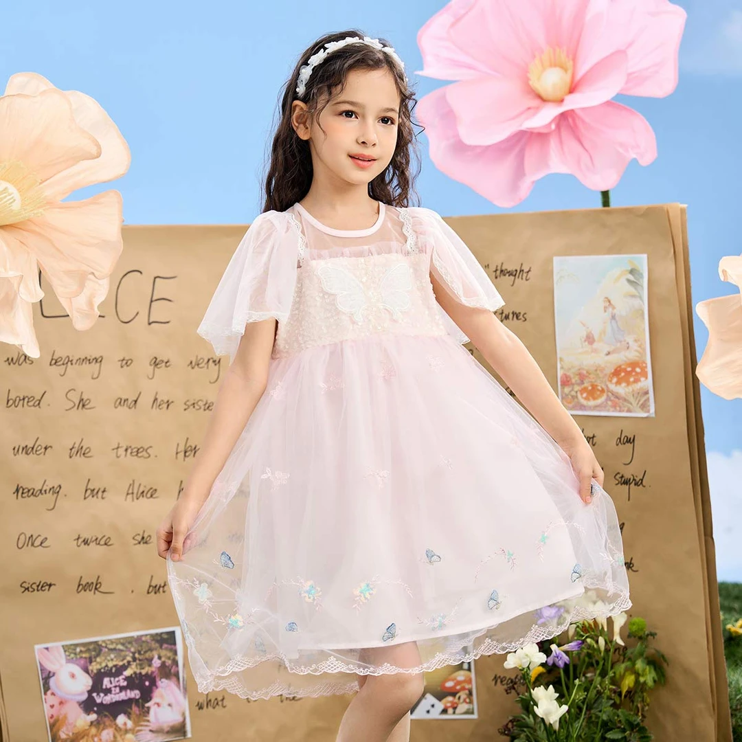梦特娇夏季女童夏季新款洋气公主裙儿童时尚蕾丝超仙连衣裙D11