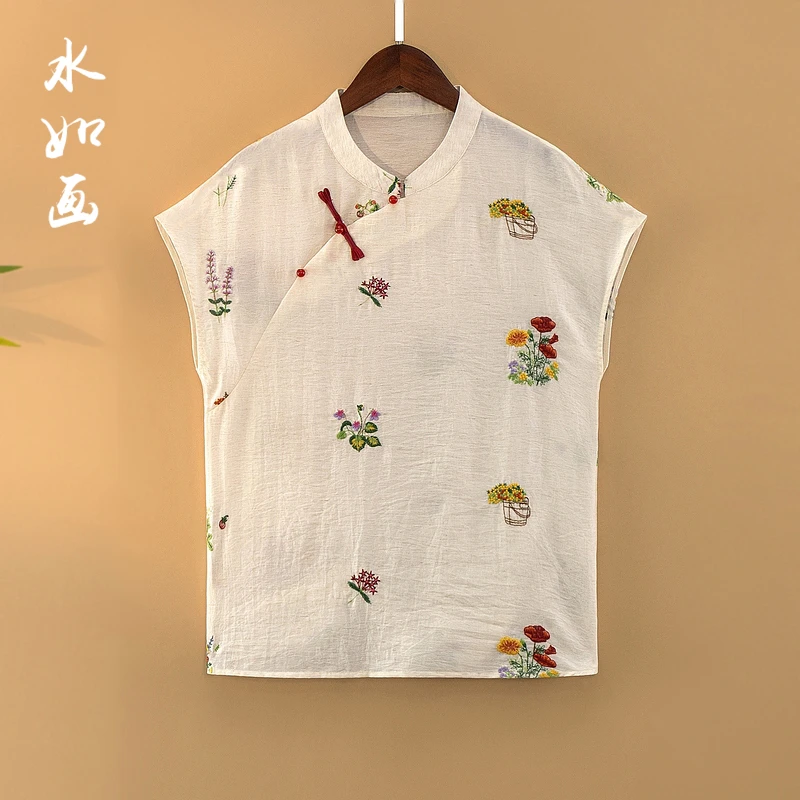 【初语】夏季2025新款上衣小衫女装新中式国风绣花立领气质短袖衬衫