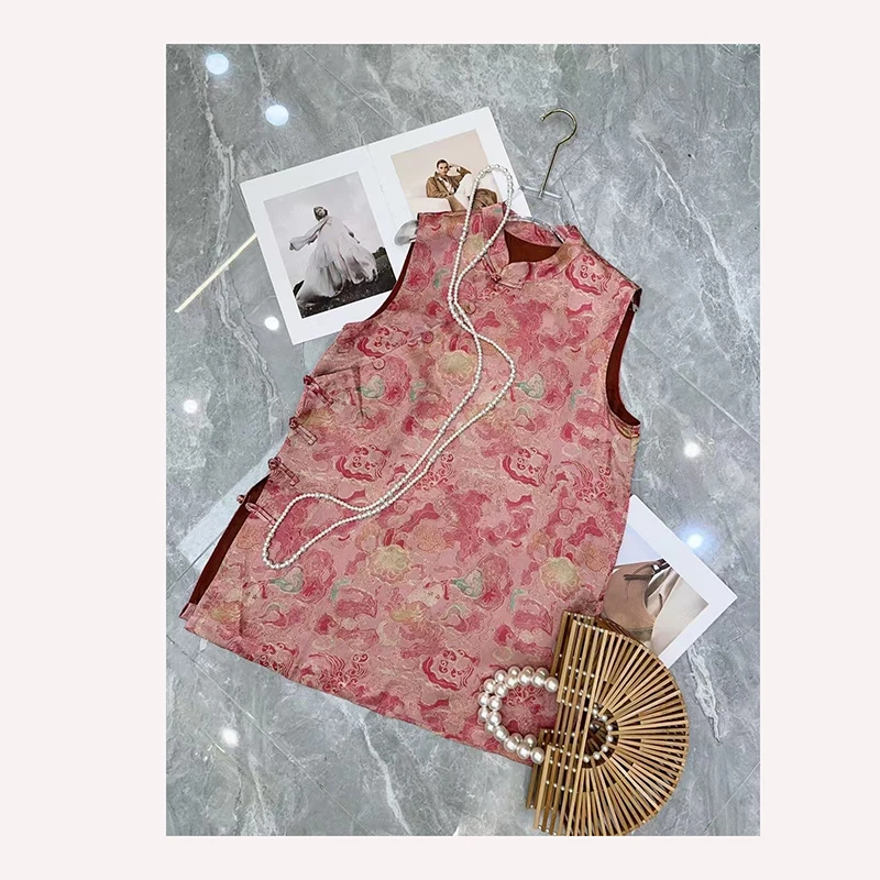 粉黛芳华新中式气质网红时尚复古中式中国风双层提花无袖上衣