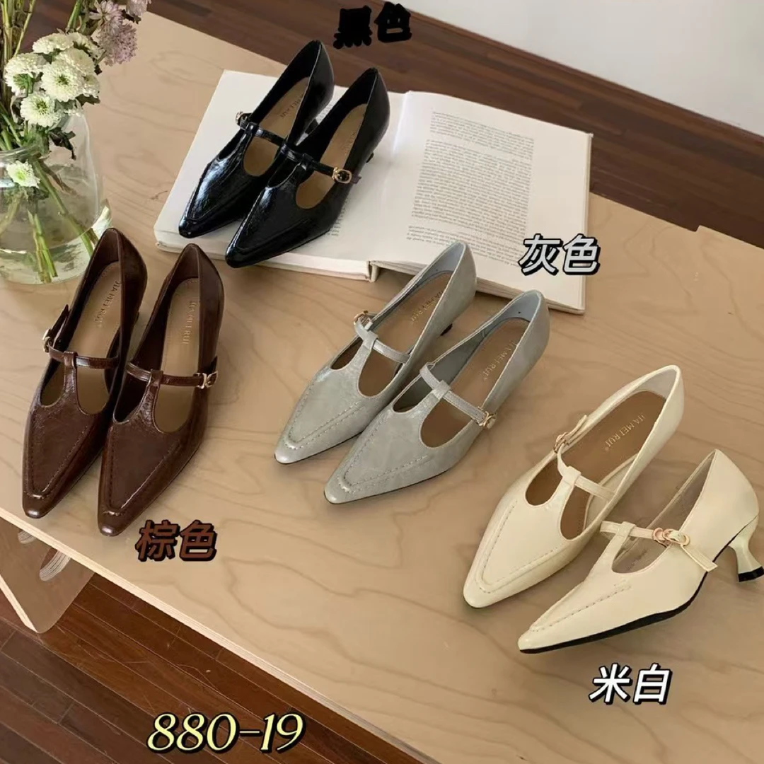 880-19百搭单鞋黑色复古尖头高跟玛丽珍鞋细跟浅口镂空