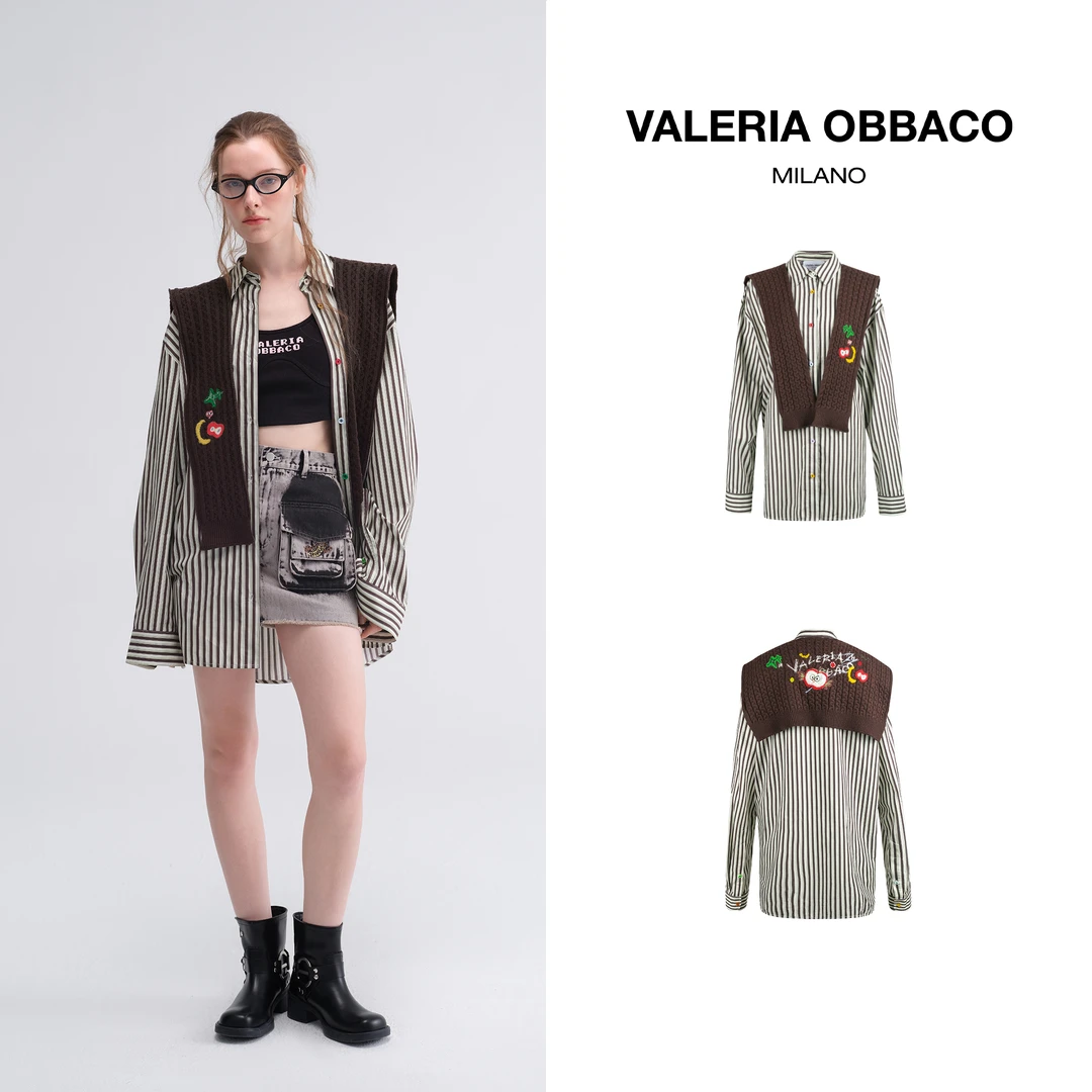 VALERIAOBBACO/瓦莱丽娅 奥贝科棕色条纹撞色设计感针织披肩衬衫