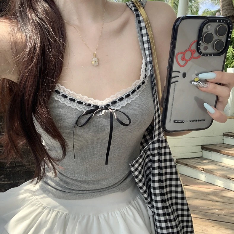 纯欲蕾丝花边抹胸背心女夏季甜辣妹蝴蝶结修身小吊带美背上衣女Z