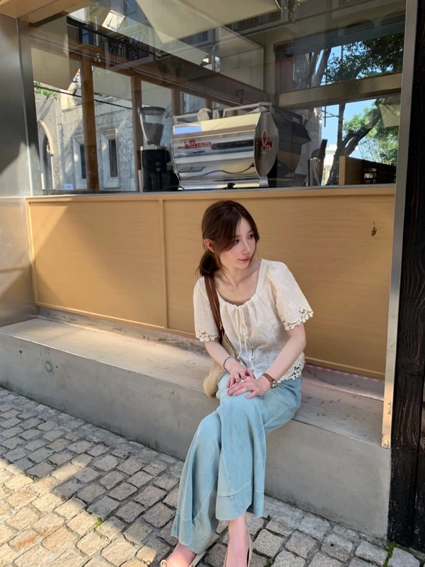 午茶小调/刺绣设计感夏季镂空短袖上衣女装衬衫法式系带蕾丝