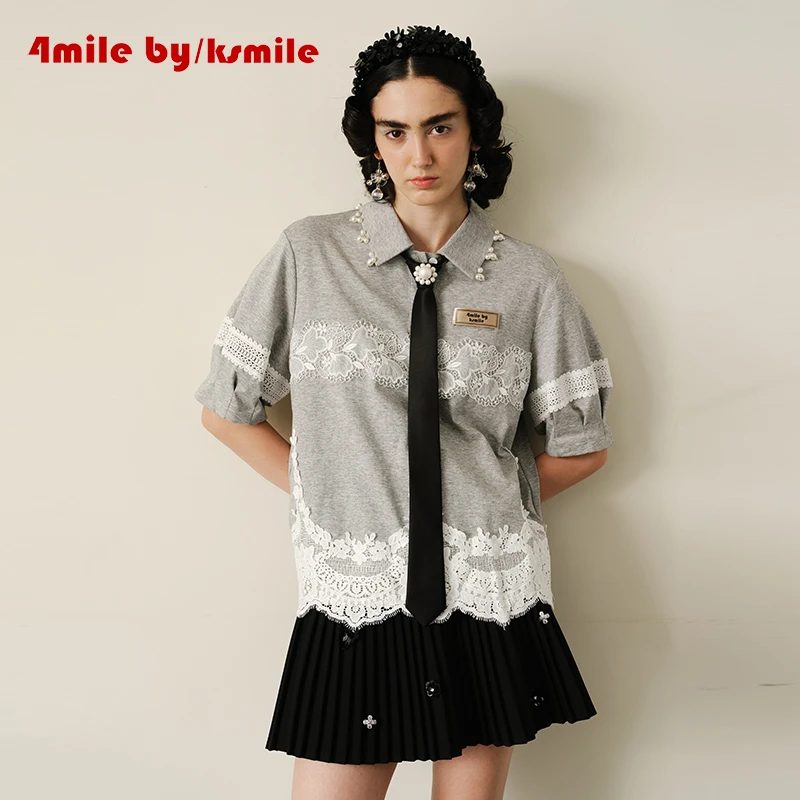 4MILE BY KSMILE | 艺术旅途蕾丝边翻领钉珠polo衫小众短袖T恤