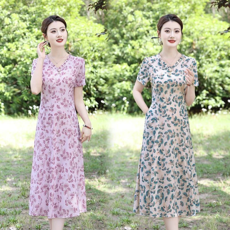 断码妈妈夏装连衣裙洋气质中老年女夏季裙子阔太太碎花中长裙