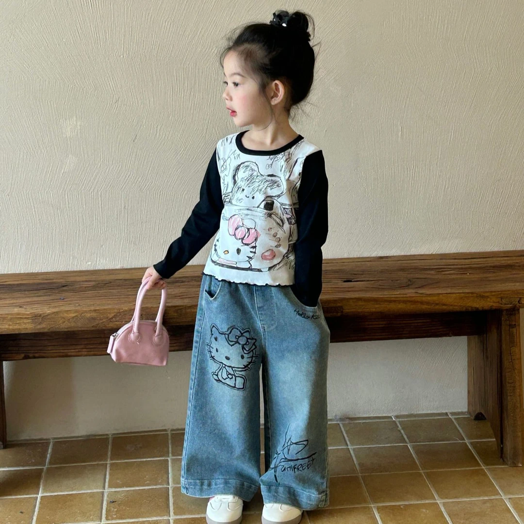 女童套装2025春季新款中小童韩版长袖上衣韩版直筒牛仔裤两件套潮