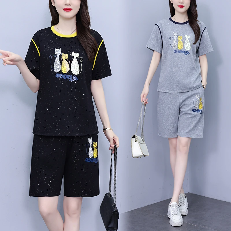 夏季休闲运动套装2025新款可爱小猫短袖T恤短裤减龄气质两件套女
