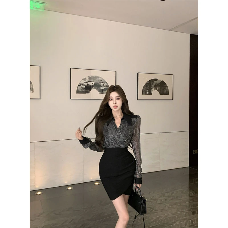 2025新品V领假两件拼接长袖连衣裙修身高腰显瘦不规则包臀裙短裙