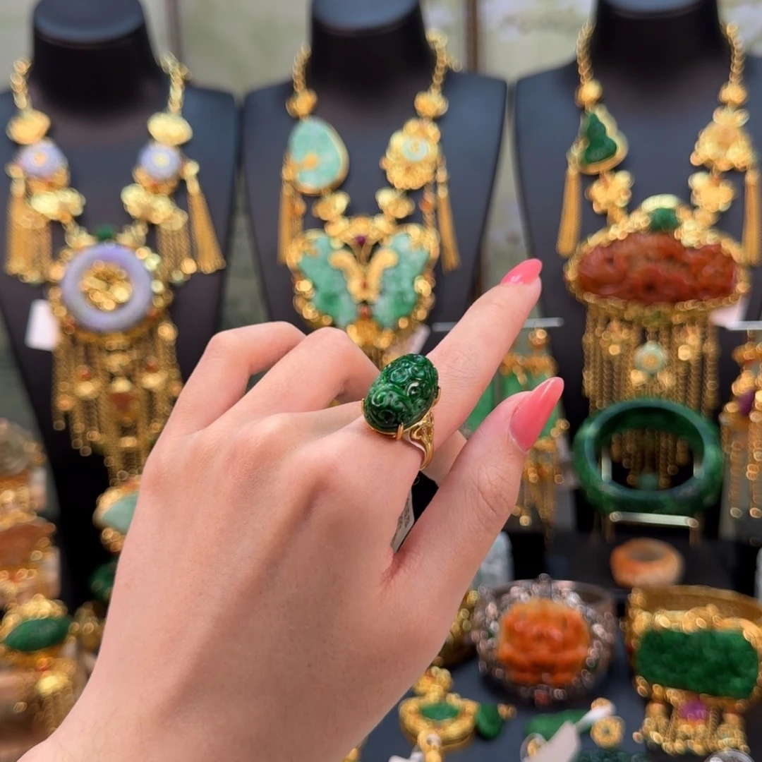 翡翠银S925镀金镶嵌颈饰福利花青戒指