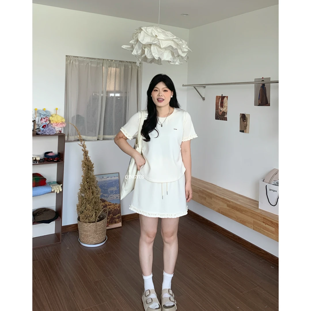 青屿衫-休闲气质收腰T恤花边显瘦半身裙两件套微胖春季大码女装