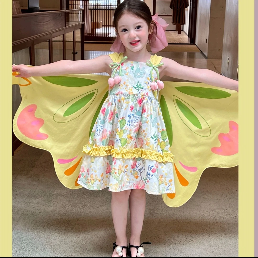 2025成长记童装女童时髦蝴蝶翅膀背心裙儿童宝宝公主风可爱连衣裙