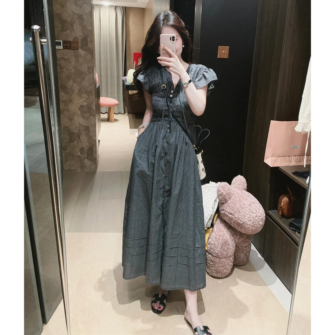 大码女装高级感法式气质格子连衣裙女夏季2025新款宽松显瘦长裙
