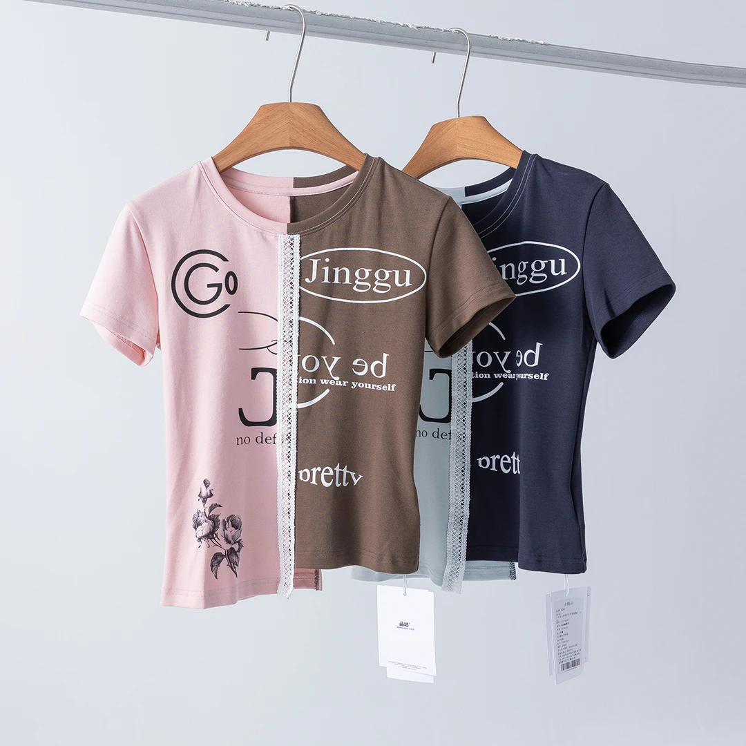 晶咕左右拼色印花字母短袖T运动休闲百搭潮流圆领