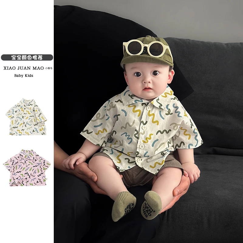 T25X171 新款夏季韩版酷帅男女宝婴儿洋气条波浪薄款纯棉衬衫夏天