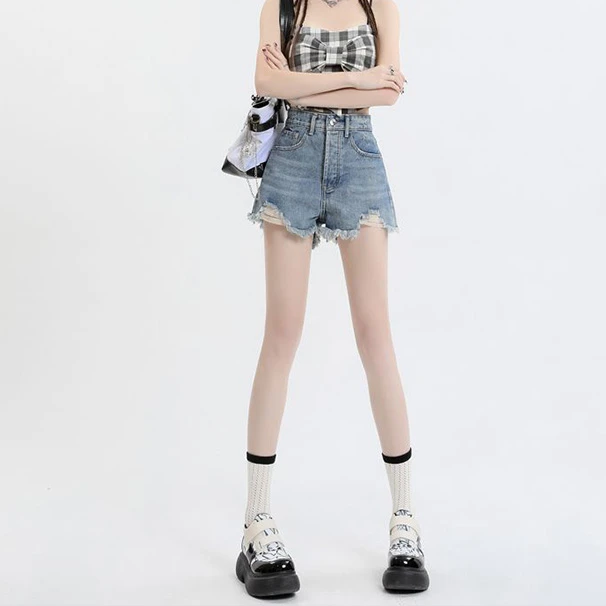 拉夏贝尔破洞牛仔短裤女爆款2025新款网红洋气小个子显瘦高腰热裤