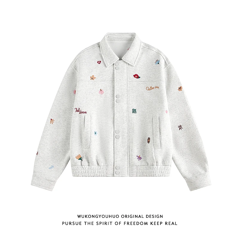 悟空有货秋季新款小花刺绣翻领外套男女美式复古短款百搭情侣夹克