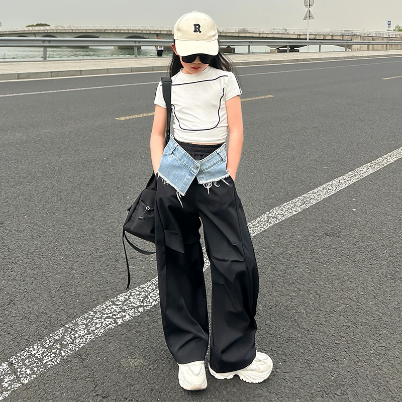 女童爵士潮服套装2025新款美式复古牛仔街舞工装裤表演街头走秀风