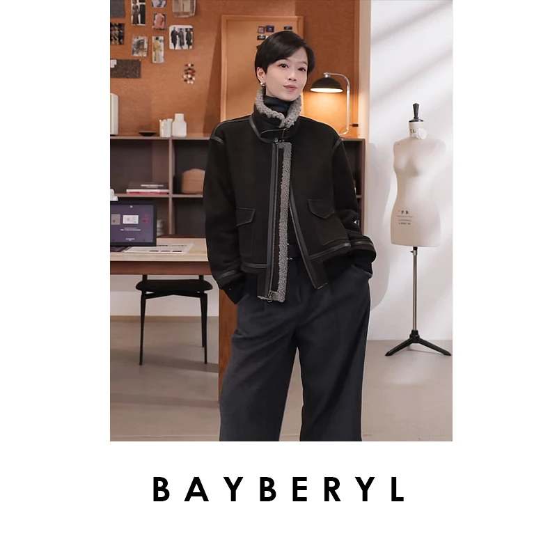 CC12-领券BAYBERYL老贝罗伦灰*毛领翻领时髦一体皮衣PY5I0803