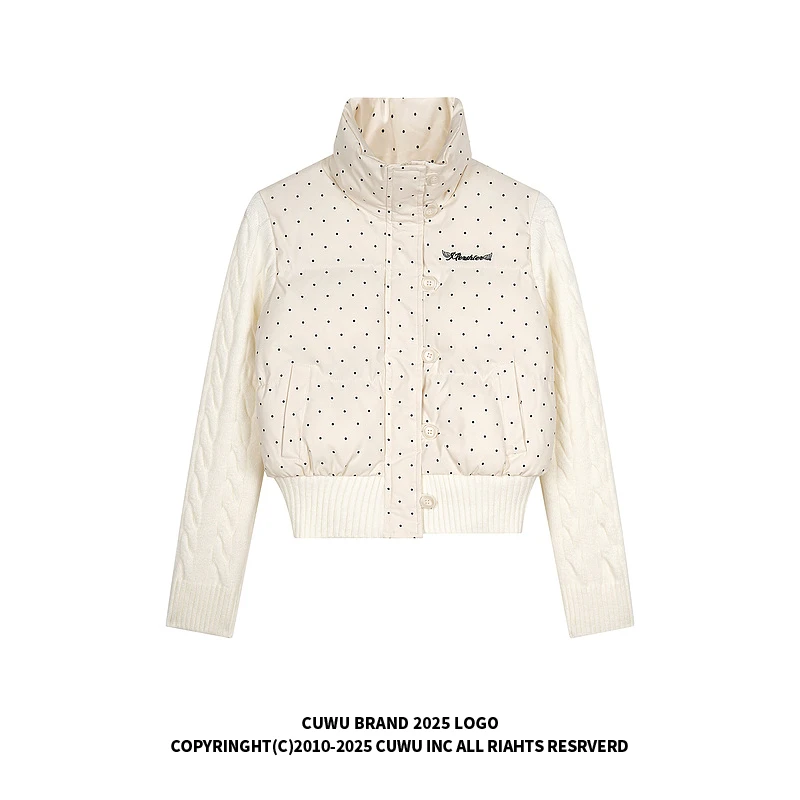 cuwu韩系甜美波点针织拼接棉服外套女冬季宽松加厚短款保暖面包服