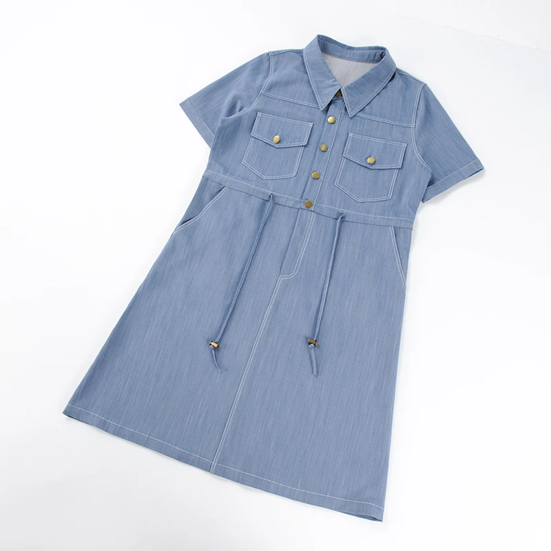 酒窝桃子大码仿牛仔连衣裙绗线显瘦遮肉收腰设计翻领短袖夏季新款