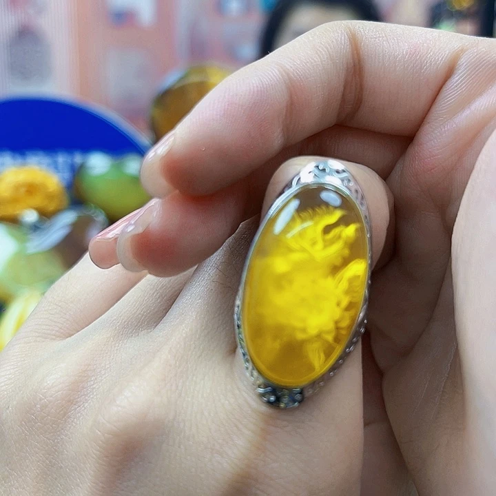 蜜蜡银S925镶嵌裸石戒指