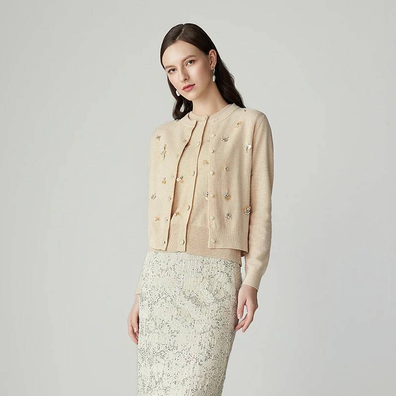 【若谷大大】朝峰新款气质时尚绵羊毛钉珠开衫FJF1A696-6001C