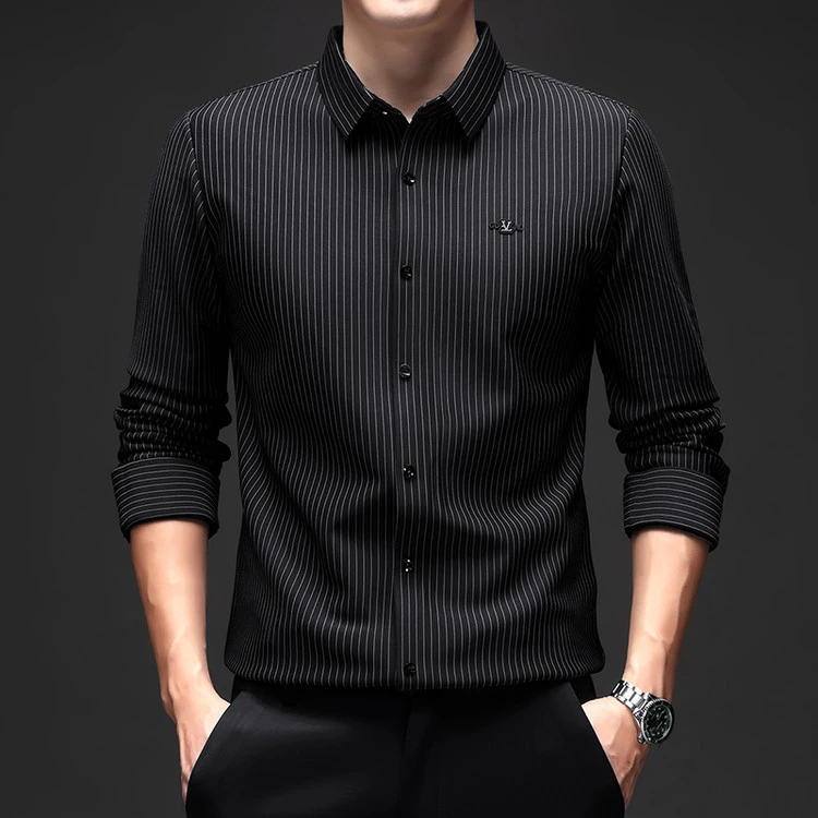 【6A纯桑蚕丝】100%纯桑蚕丝男士时尚休闲长袖修身条纹无痕高档衬衫