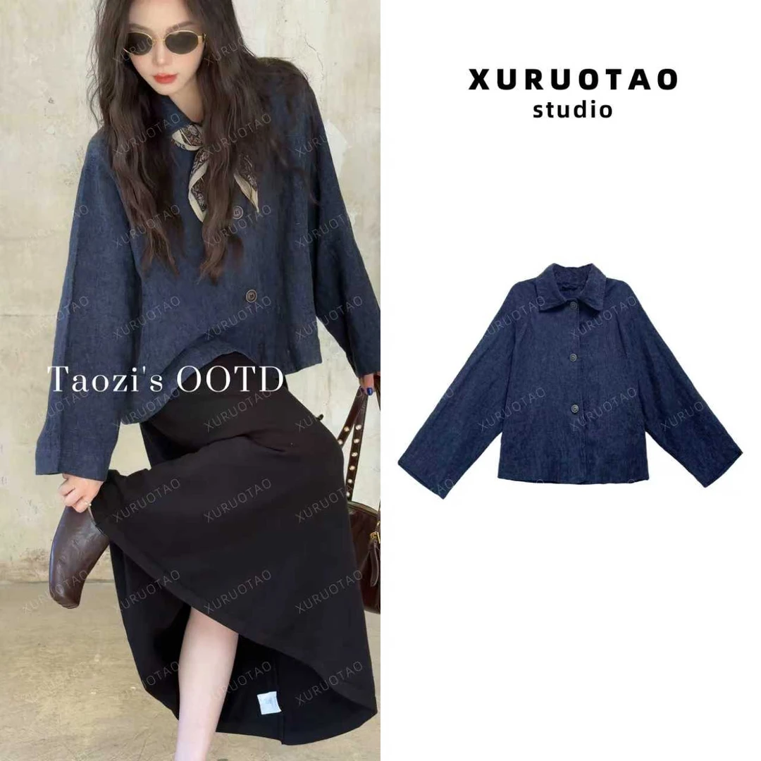 XURUOTAO【胶片记忆】100亚麻设计感显瘦百搭蓝色衬衫上衣 T5653