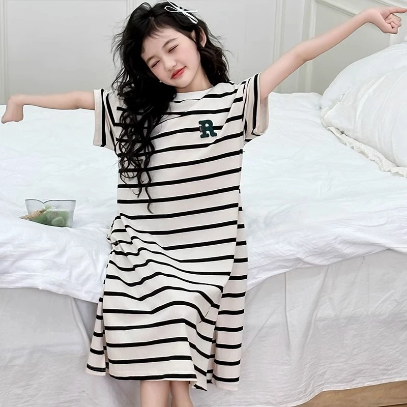 女童睡衣裙夏季短袖儿童居家服条纹连衣裙2025新款中大童宽松空调