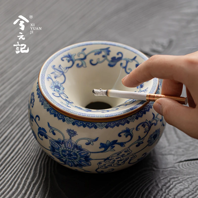 兮元记青花汝窑陶瓷烟灰缸防飞灰异味轻奢高档家用办公室个性摆件