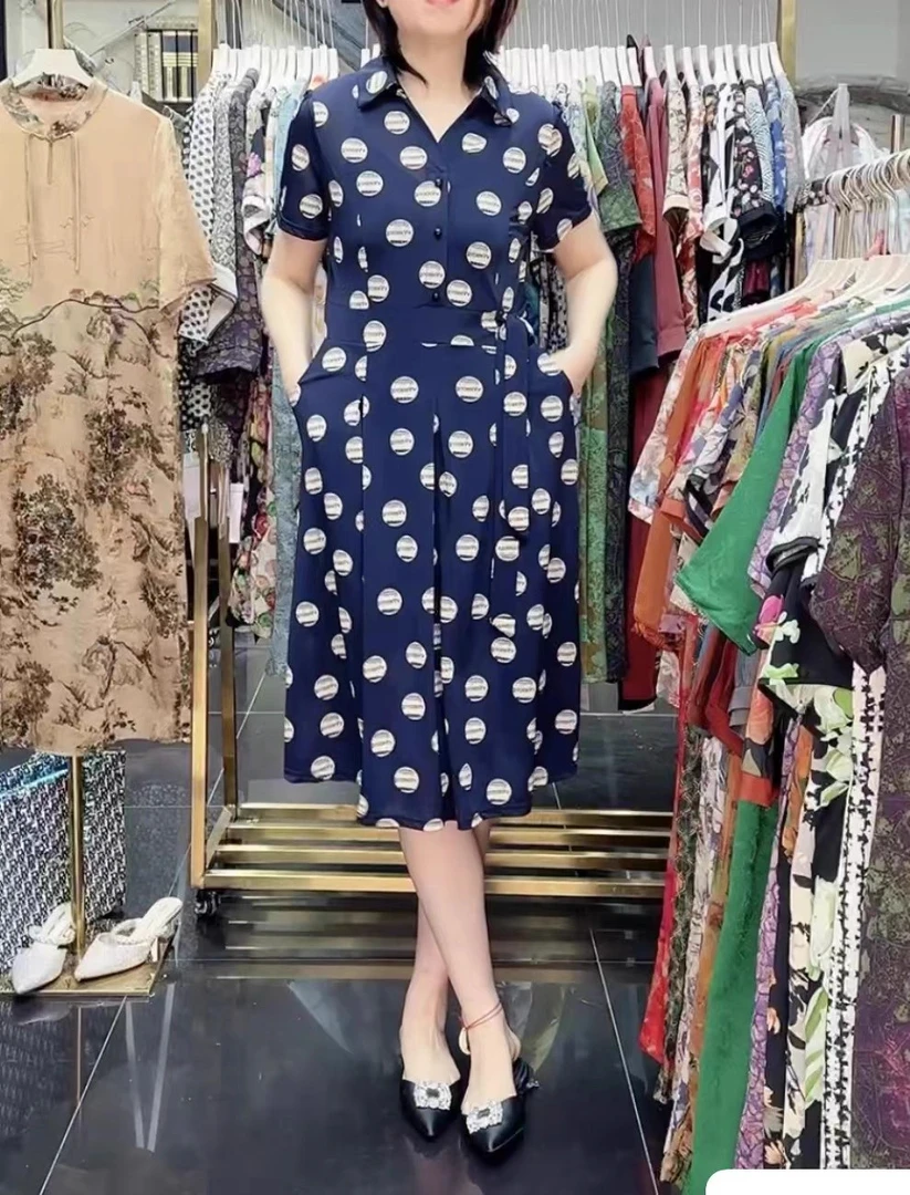 新款17206翻领优雅端庄时尚减龄款印花连衣裙日常通勤出游