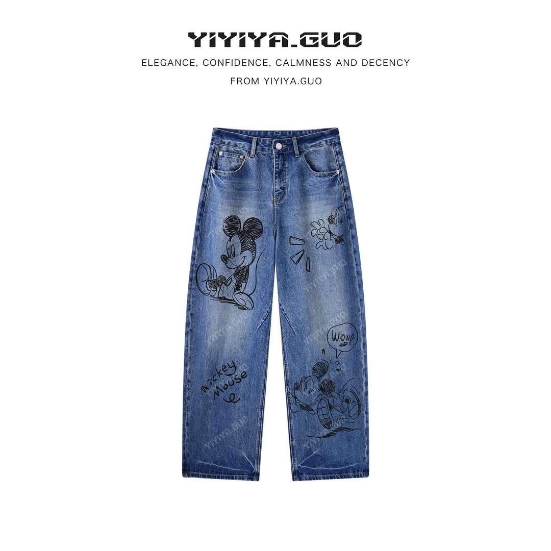 yiyiya.Guo艺艺吖【米奇万能搭】涂鸦破洞直筒阔版牛仔裤1300SS52