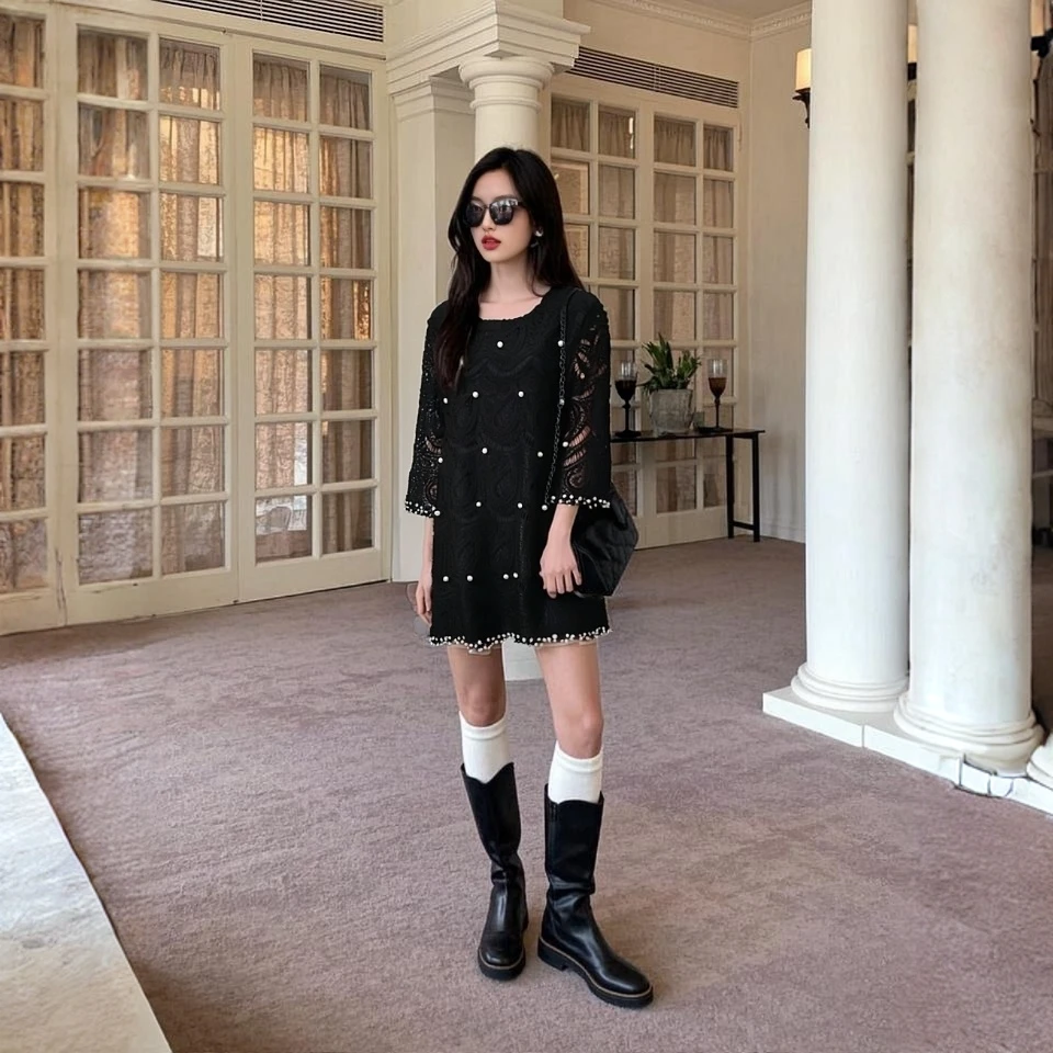 大码女装重工秋冬蕾丝连衣裙气质显瘦中长款裙子胖妹妹宽松裙子