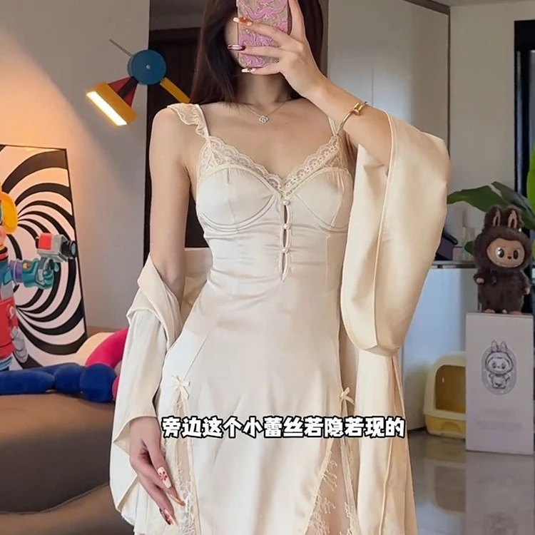【白月光】 法式纯欲带胸垫吊带睡衣裙性感蕾丝深v家居服外袍女夏季