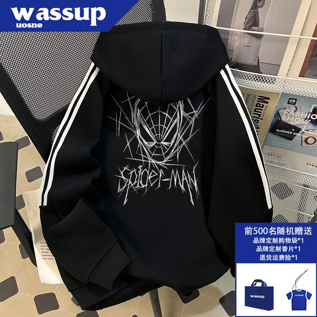 WASSUP UOSNE潮牌复古连帽卫衣男秋季hiphop高街痞帅拉链拼接外套