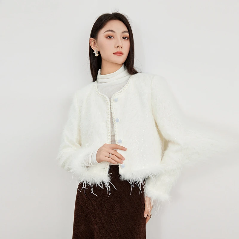 圆领小香风女千金风米白色短外套粗花呢长袖短外套YA25439W003