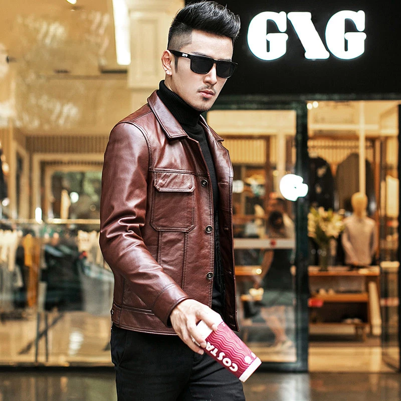 秋季海宁真皮皮衣啄木男士头层牛皮修身韩版帅气夹克青年外套潮