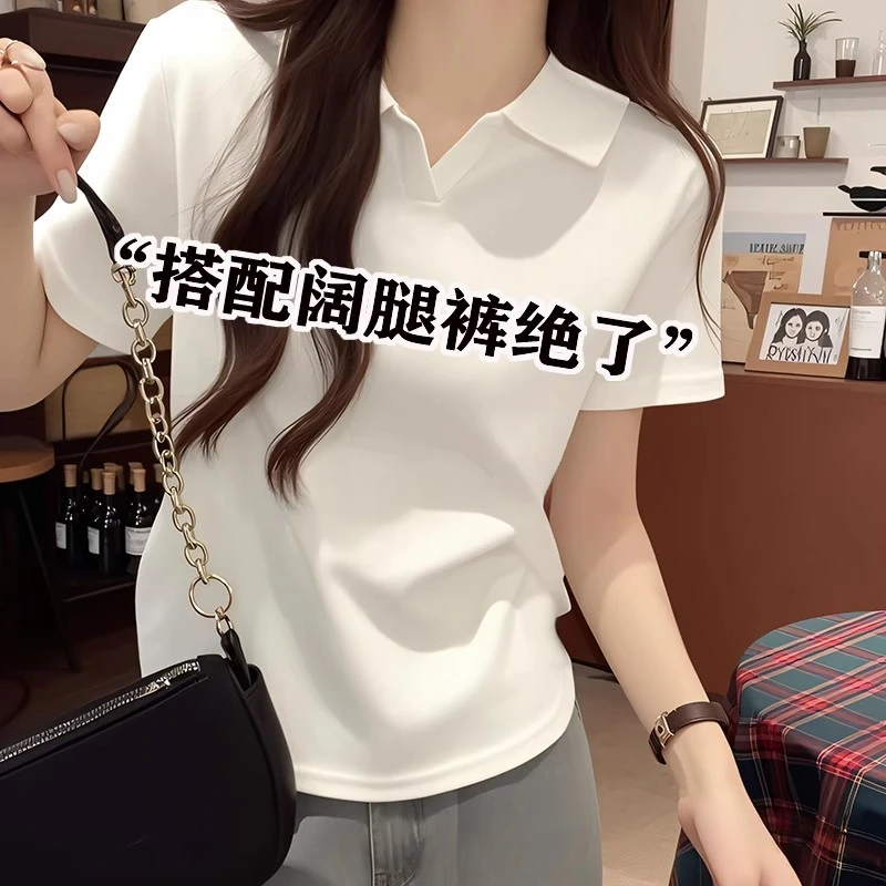 正肩短袖POLO领设计感t恤衫夏季精致小众印花白色气质显瘦上衣ins