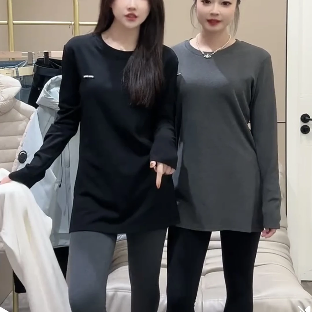 圆领侧开叉长袖T恤女秋冬显瘦百搭中长款打底衫上衣网红时尚休闲