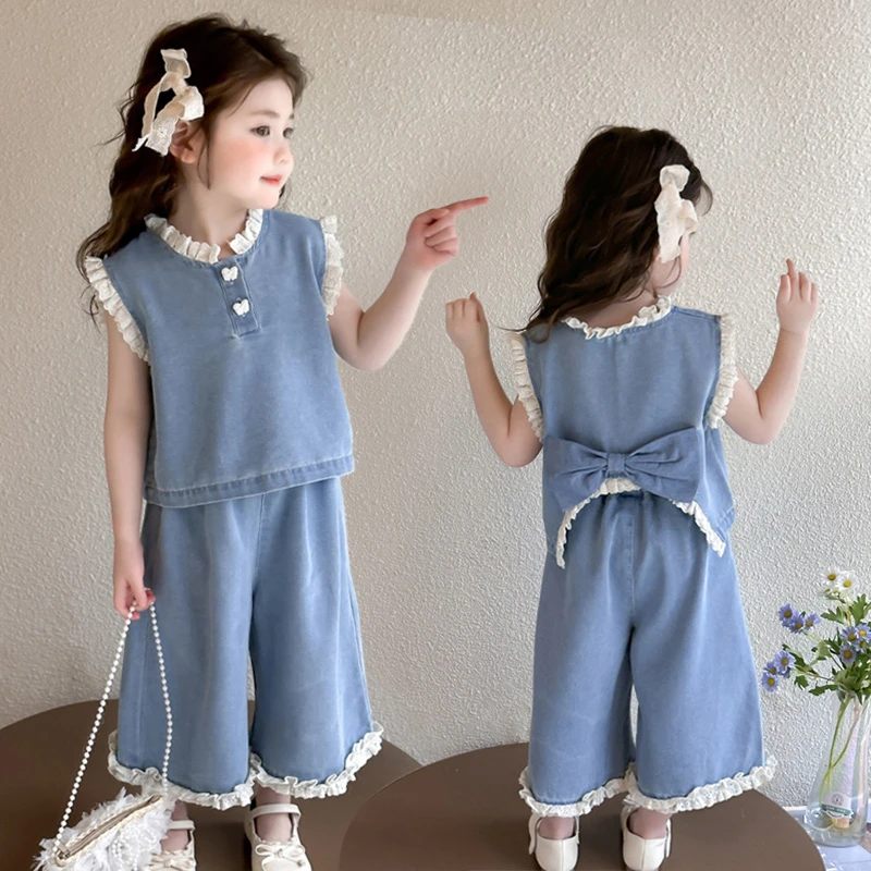 女童夏装韩版背心牛仔套装洋气女孩无袖蝴蝶结夏季新款儿童两件套