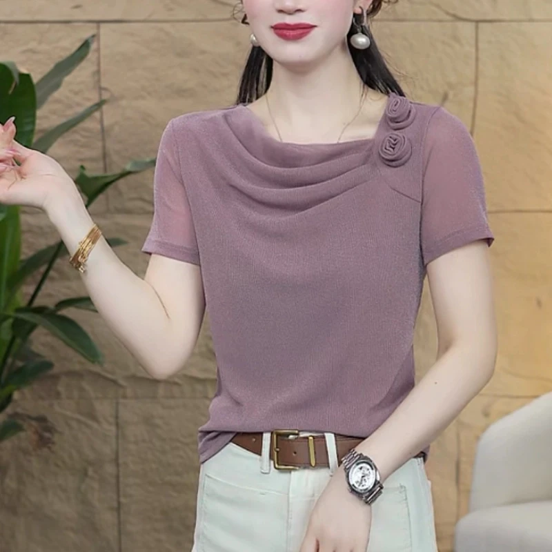 2025年夏季新款时尚百搭纯色网纱肩花修身短袖上衣#6999